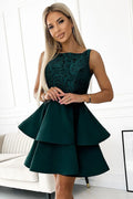 Robe de soirée élégante longue sans manches dos fermé dentelle vert bouteille femme taille ajustable