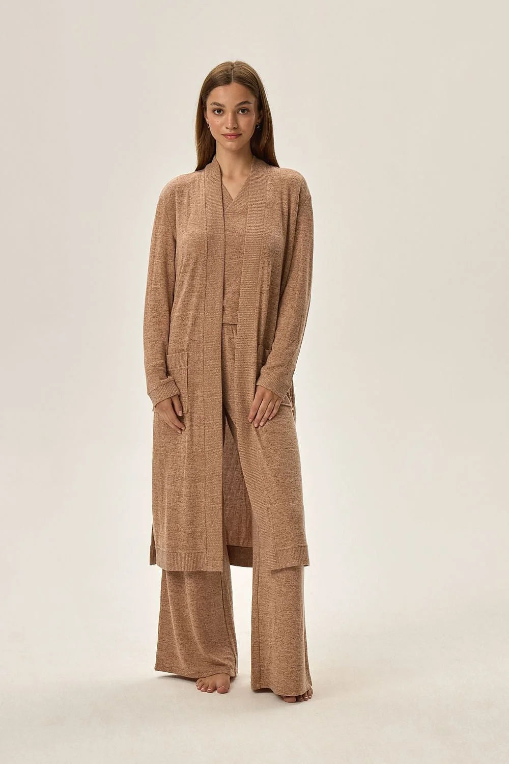 Robe longue et pantalon ample en tricot léger beige pour femmes, style décontracté et élégant