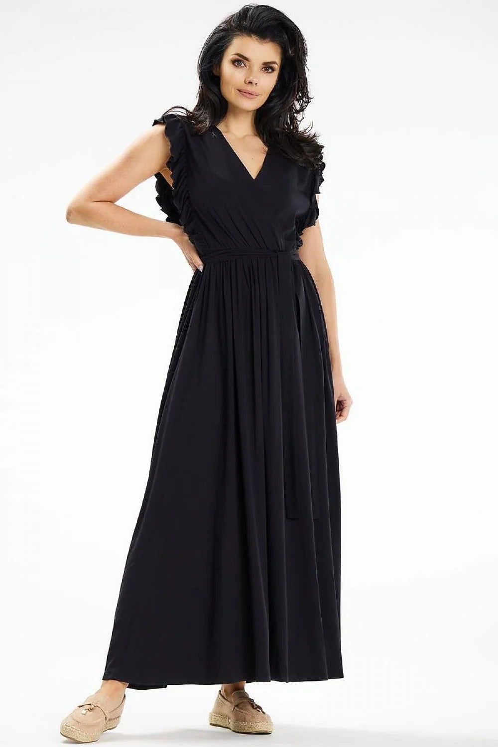 Robe longue élégante à encolure V manches longues volants ceinture intégrée couleur noire taille ajustable femme