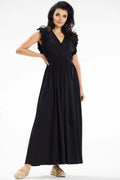 Robe longue élégante à encolure V manches longues volants ceinture intégrée couleur noire taille ajustable femme