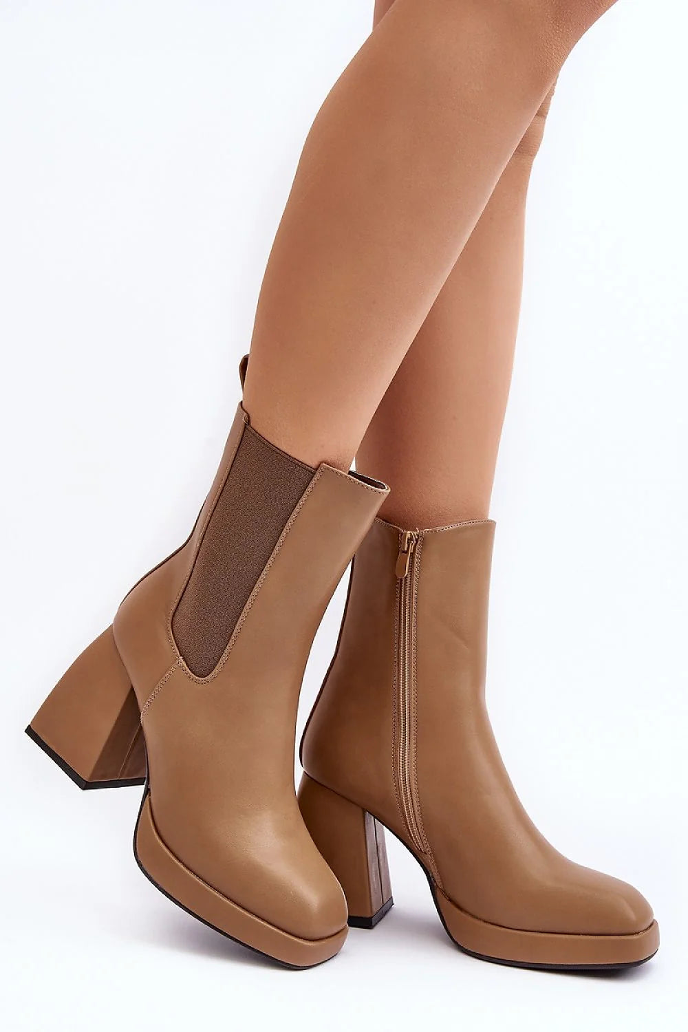 Bottes à talons carrés élégantes en cuir artificiel camel femme, style minimaliste, comfort, cheville haute, occasion quotidienne ou habillée