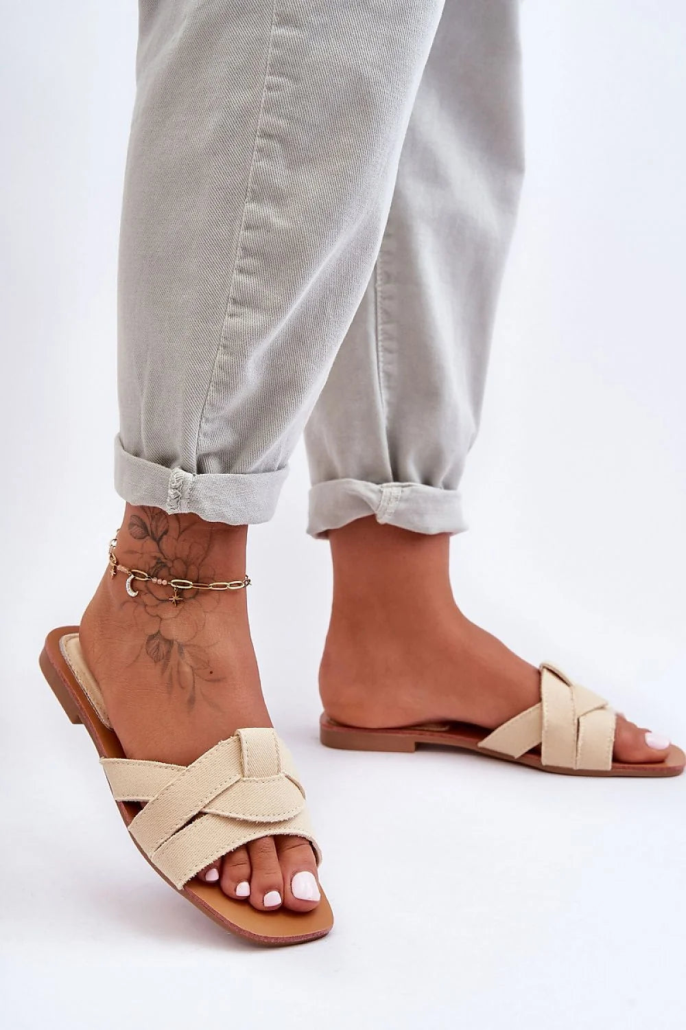 Sandales Femme Été Décontractées Talon Plat Lanières Croisées beige Crème Open Toe Floral Tattoo Ankle Strap set Size