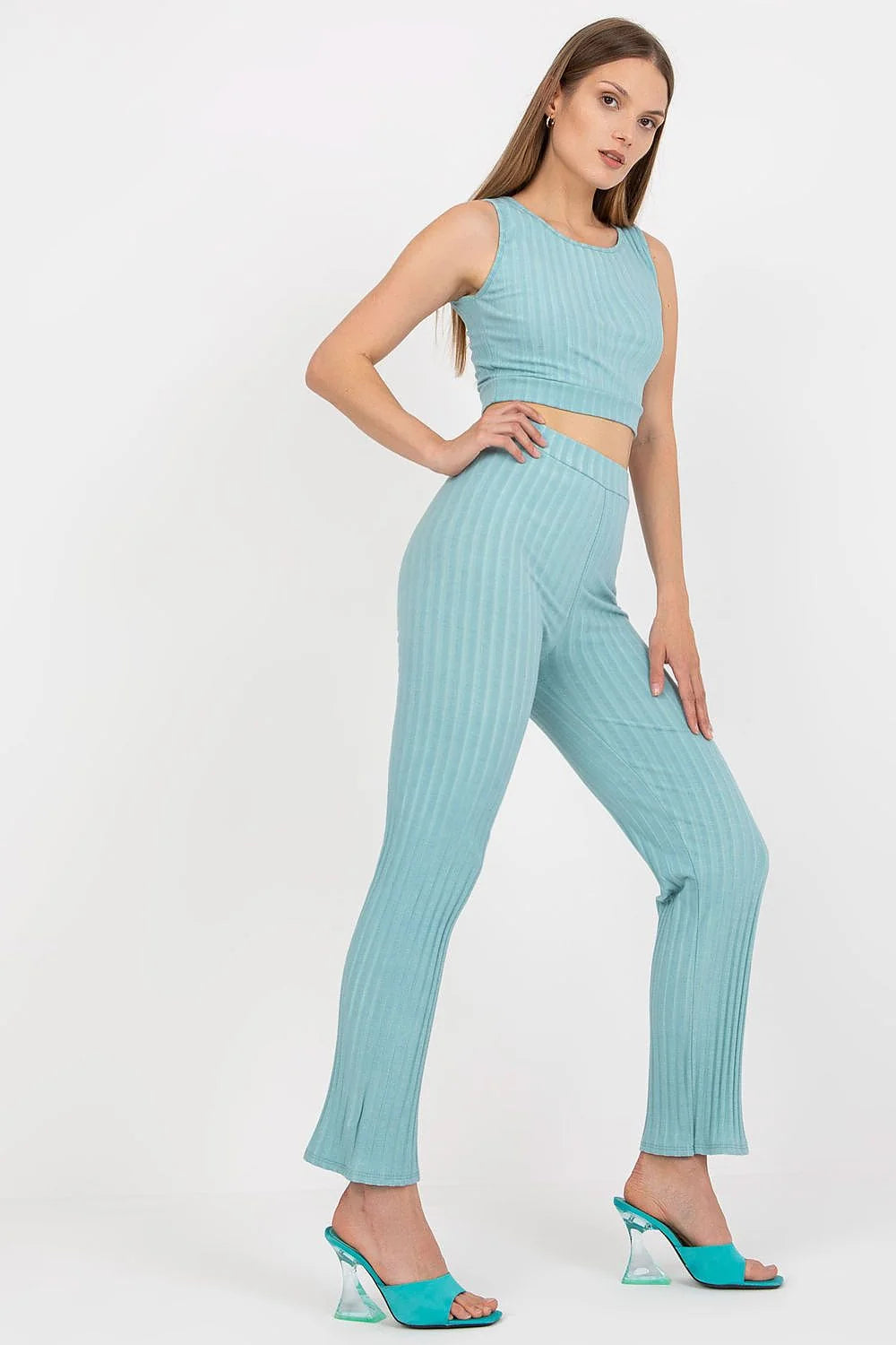 Ensemble Italy Moda Light Blue Crop Top High-Waisted Flared Pants Stretch Ribbed Cotton Elastane Summer