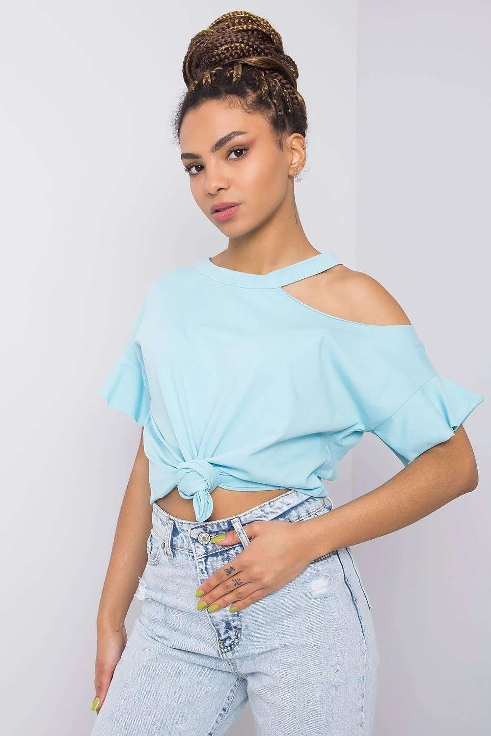 Blouse Fancy asymétrique pour femme, style cold shoulder, manches courtes, couleur rose vif, coton stretch, confortable, versatile, occasion多种