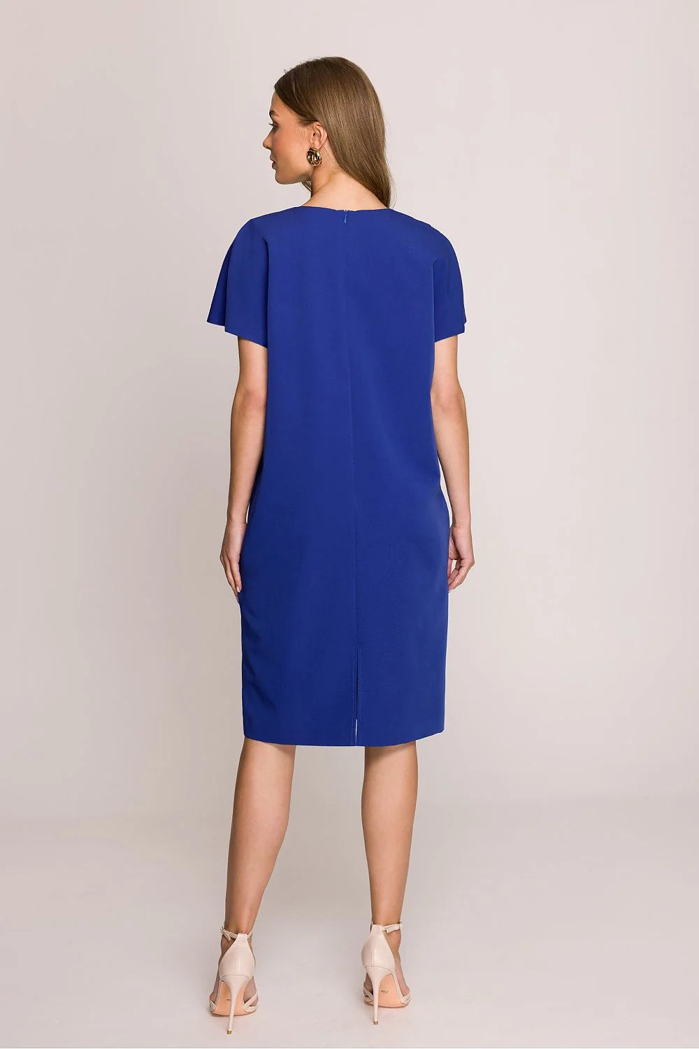 robe jour Stylove bleu vif décolleté V manches courtes évasées midi coupe droite tissu crêpe poches latérales fente arrière élégante