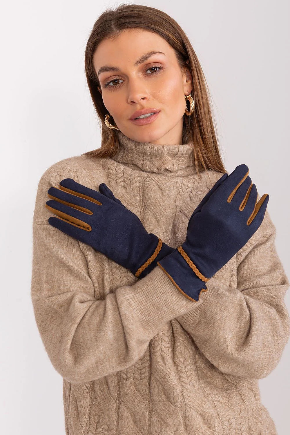 Gants en tissu lisse pour femme, bleu marine et camel, contrastes, broderies, polyester 90% spandex 10%, style élégant, pour automne hiver