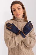 Gants en tissu lisse pour femme, bleu marine et camel, contrastes, broderies, polyester 90% spandex 10%, style élégant, pour automne hiver