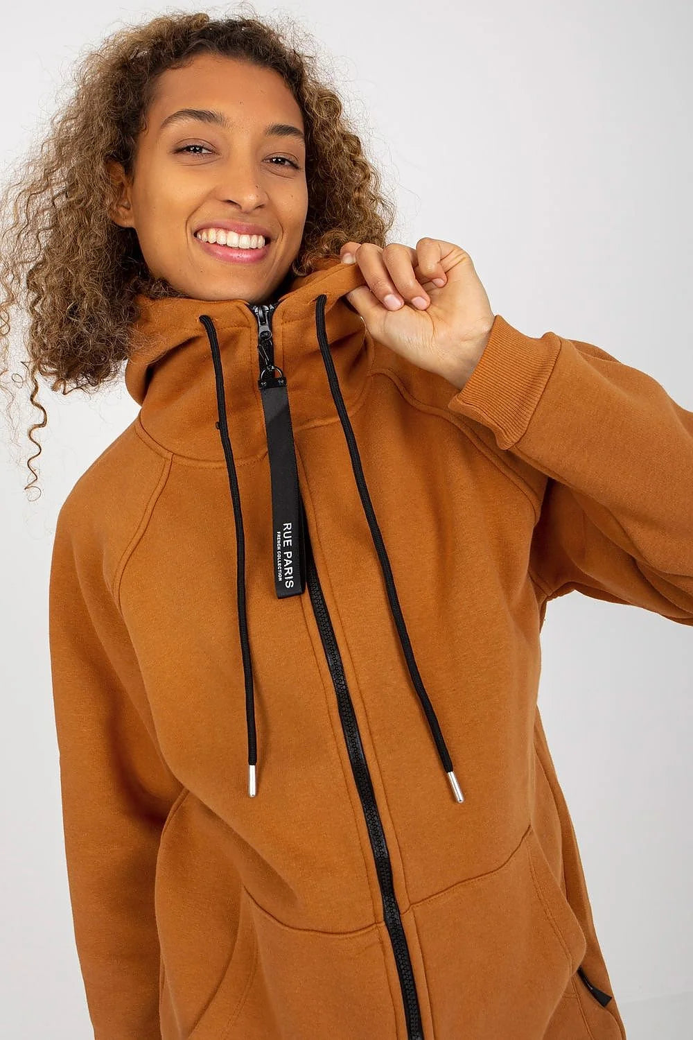 Sweatshirt femme Rue Paris longue manches longues capuche fermeture éclair beige sable coton élasthanne polyester veste Casual Moderne