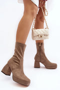 Bottes pour femmes en suédine écologique talon bloc massif plateforme beige taupe style moderne épuré confortable