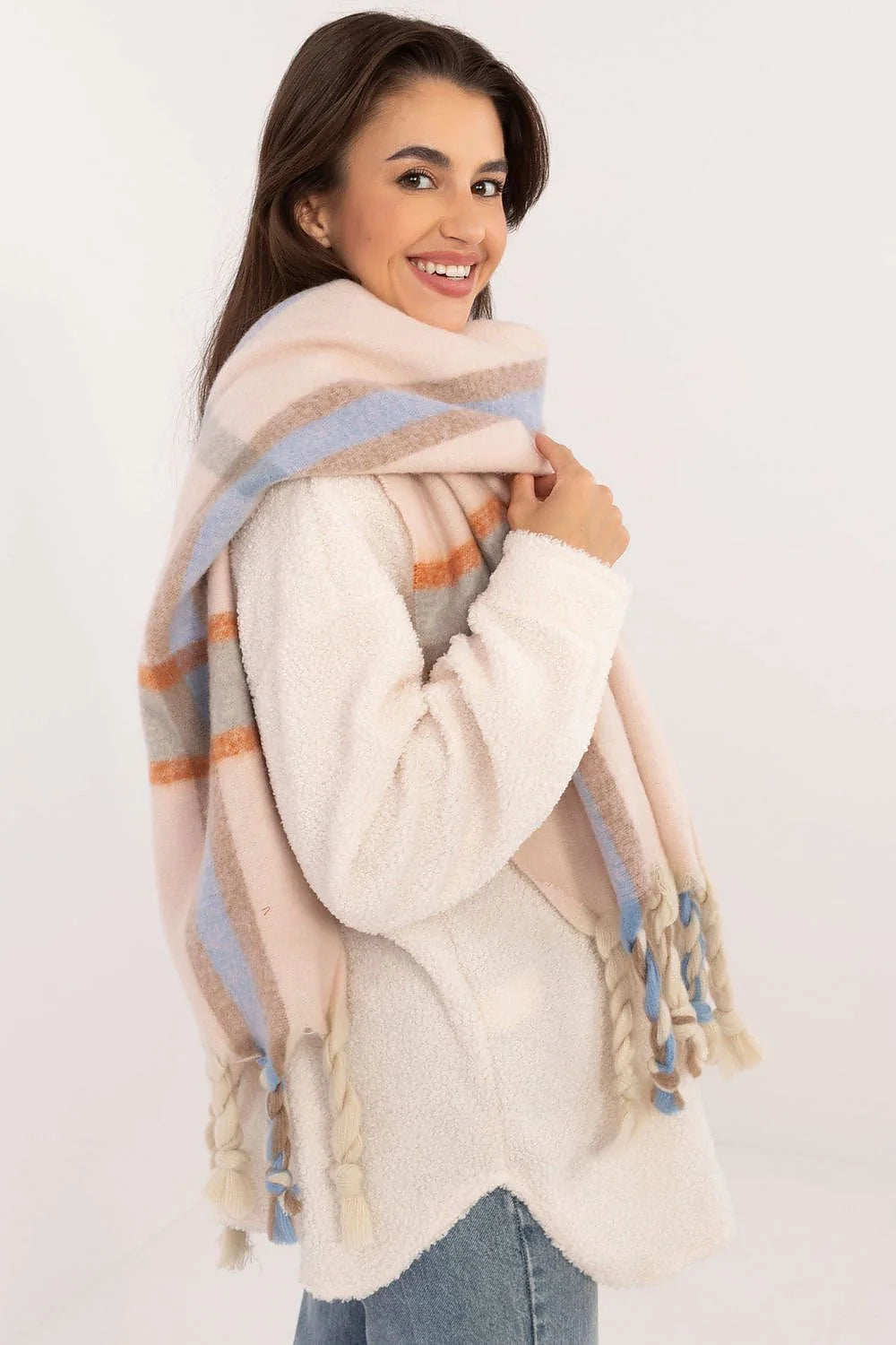 Châle écharpe rayures pastel doux tissu polyester 180cm franges torsadées style élégant décontracté hiver mi-saison femmes
