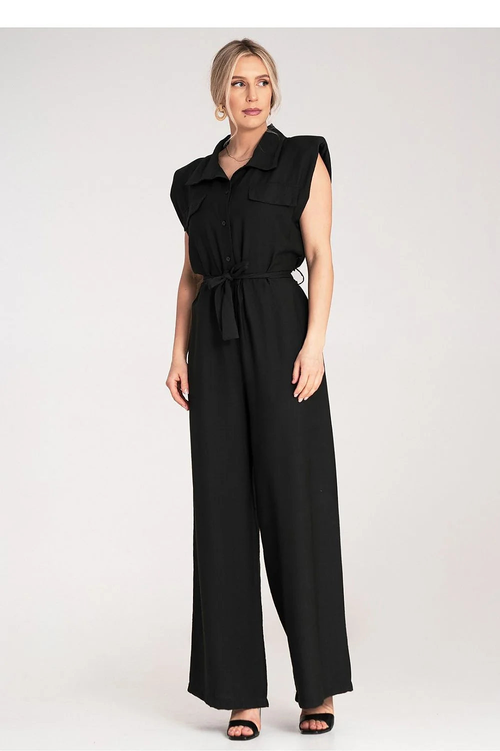Combinaison femme élégante sans manches épaules larges ceinture nouée jambes larges matière légère couleur noire universelle