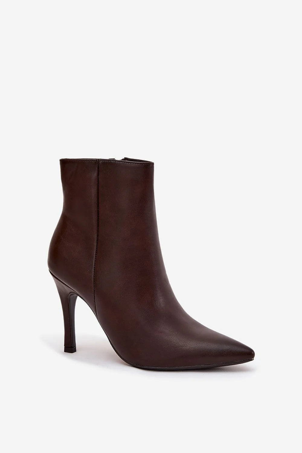 bottines femme similicuir marron foncé cheville bout pointu talon aiguille haut fermetureéclair latérale doublure fourrure synthétique confortable épurée