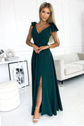 Robe longue élégante pour femme, couleur vert émeraude, décolleté V croisé, nœuds sur les épaules, fente sur les jambes, polyester 95% élasthanne 5%