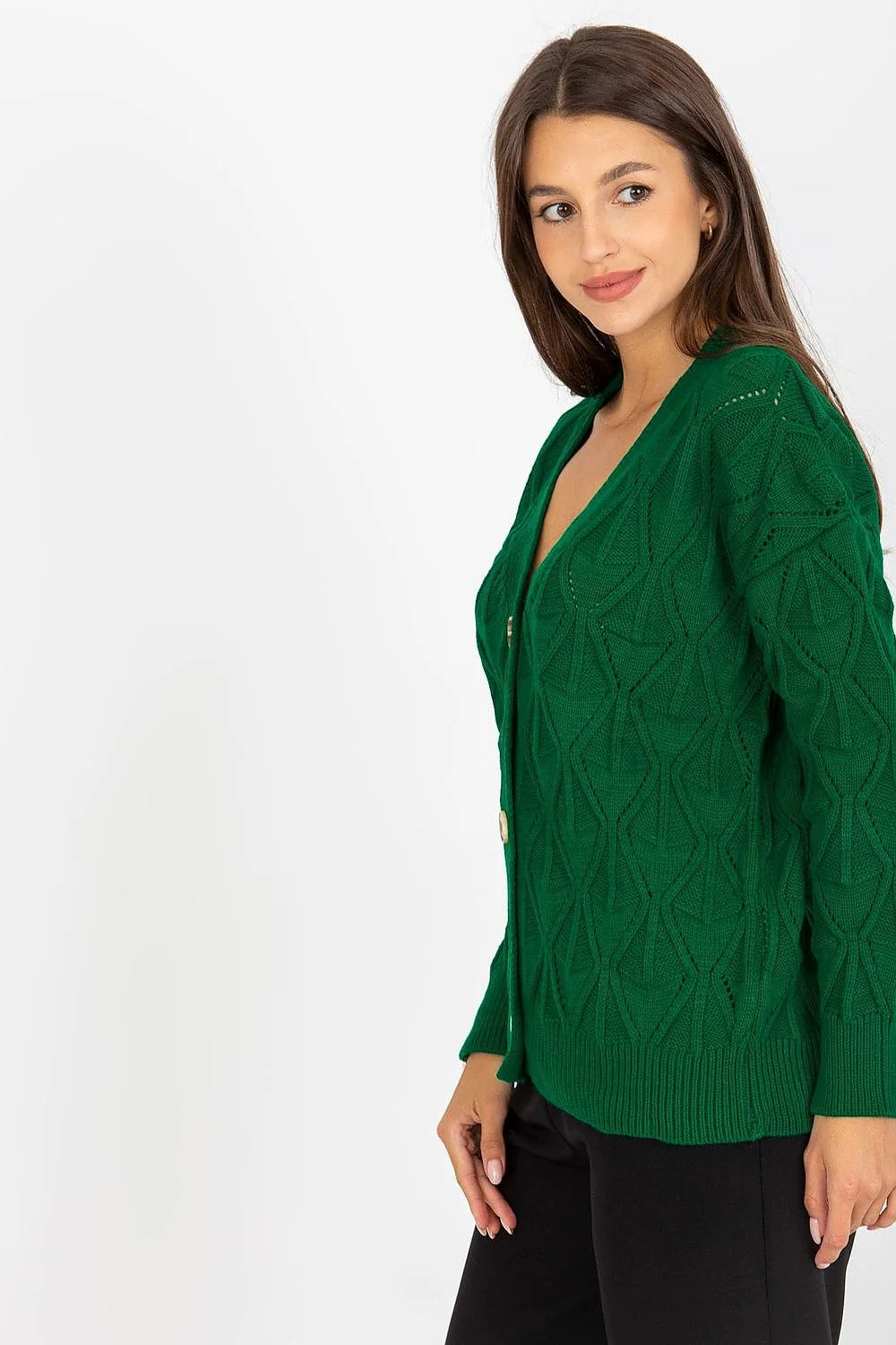 Cardigan Rue Paris rose vif motif maille ajouré manches longues encolure en V boutons beige