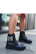 Bottes militaires femmes cuir noir style combat laçage métallique ornement zircons éclat élevé confort semelle caoutchouc