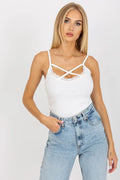 débardeur femme côtelé coton élasthanne stretch bretelles fines croisées dentelle blanche encolure V ajusté taille courte décontracté chic