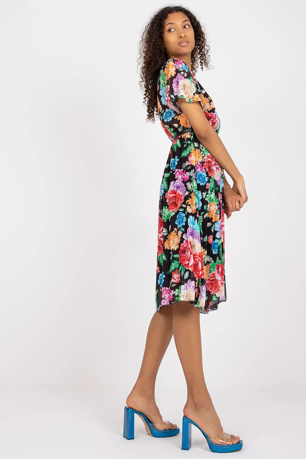 Robe d'été Italy Moda floral midi manches courtes V-neck évasée ceinture noire vert multicolore polyester viscose elasthanne femme printemps été
