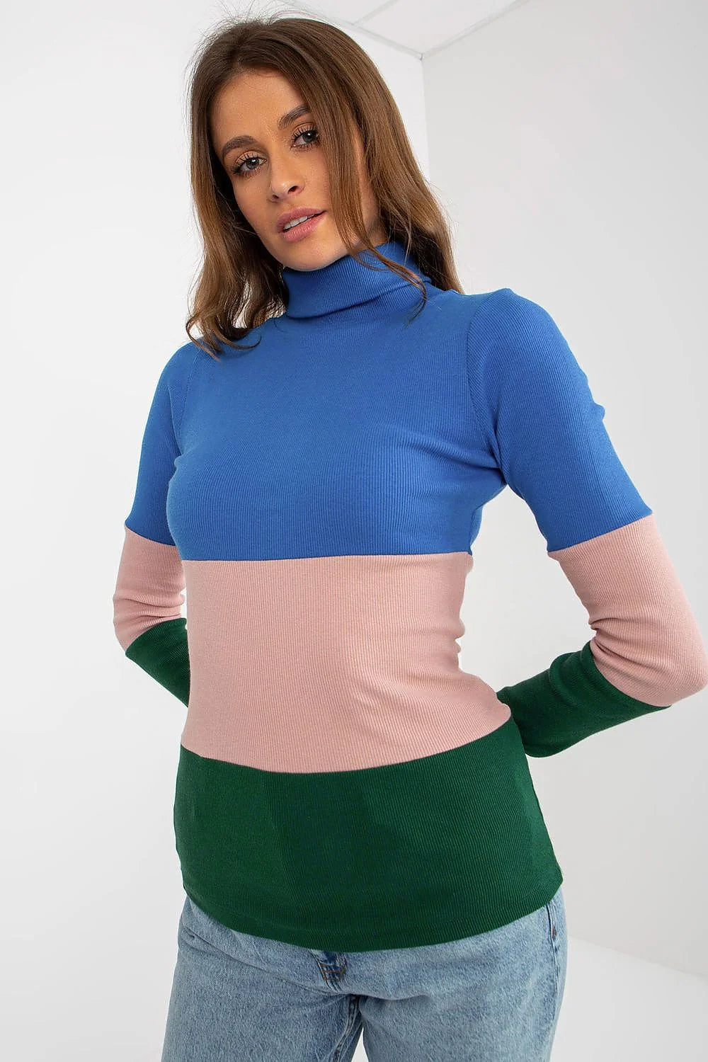 Col roulé Relevance Design multicolore Maille côtelée Femme Coupe ajustée Manches longues Matière élasthanne Coton 90%