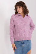 Chandail femme en maille torsadée couleur mauve clair manches longues col à rabat coupe ajustée