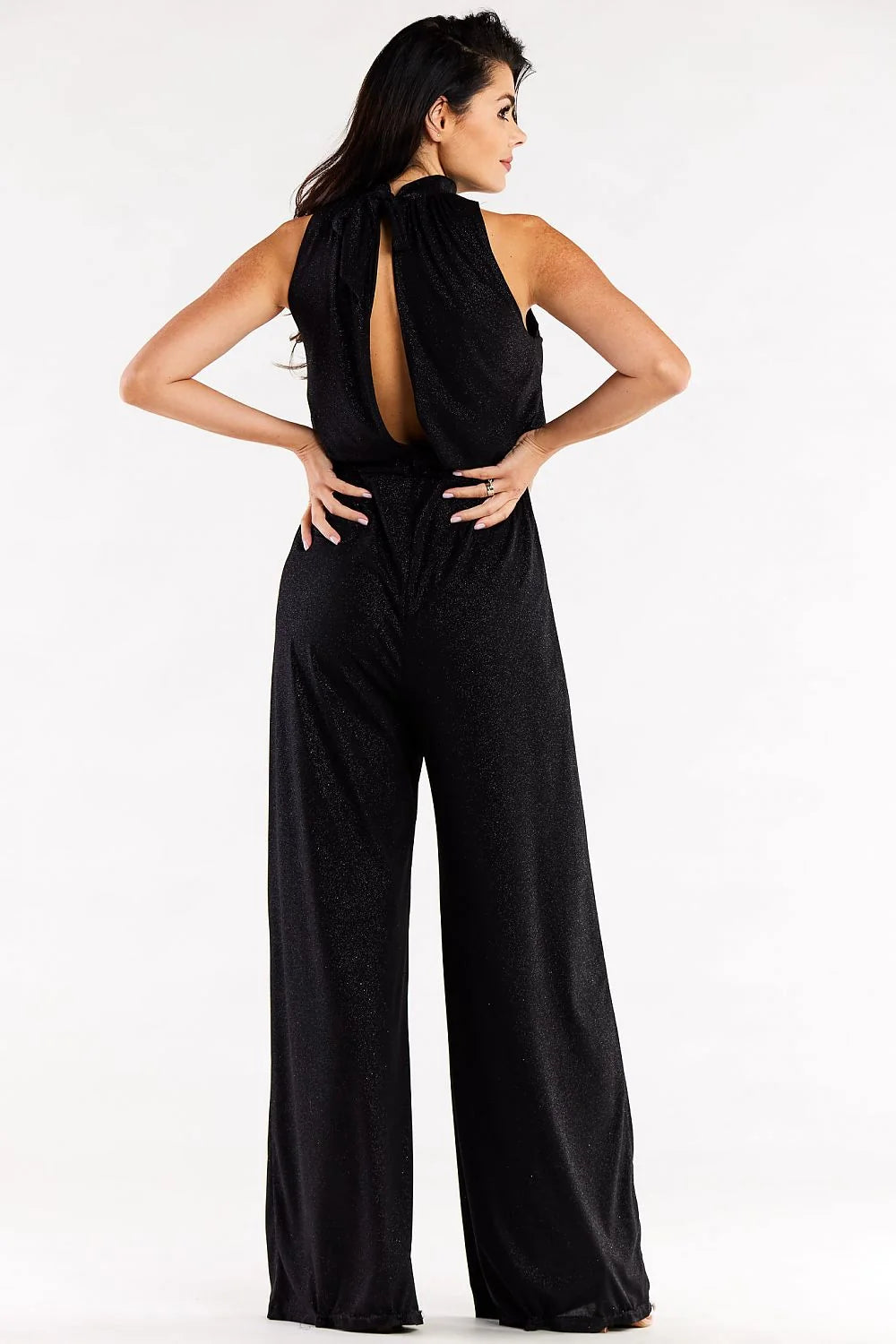 Combinaison awama femme élégante moderne noire scintillante sans manches col noué taille élastiquée occasion spéciale soirée