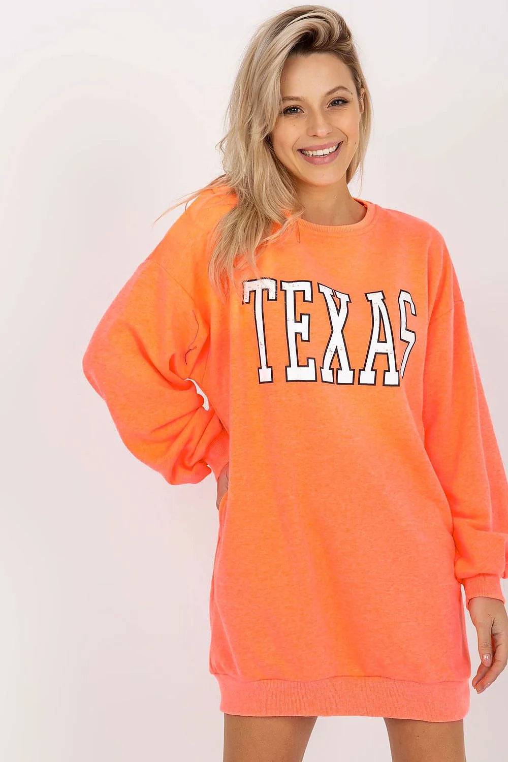 sweatshirt long femme oversize corail fluo molleton coton polyester doux col rond manches bouffantes poignets côtelés impression TEXAS
