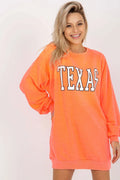 sweatshirt long femme oversize corail fluo molleton coton polyester doux col rond manches bouffantes poignets côtelés impression TEXAS