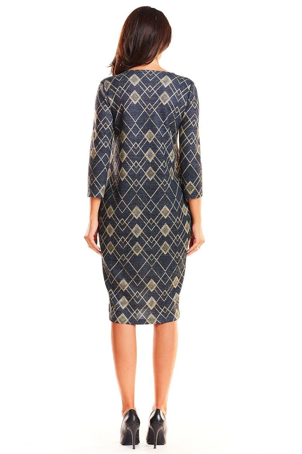 Robe élégante en tissu tricoté bleu marine motifs géométriques chic manches trois-quarts col rond