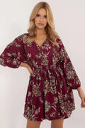 Robe féminine Italy Moda Floral Bordeau Polyester Viscose Manches longues évasées ceinture élastiquée occasion多种