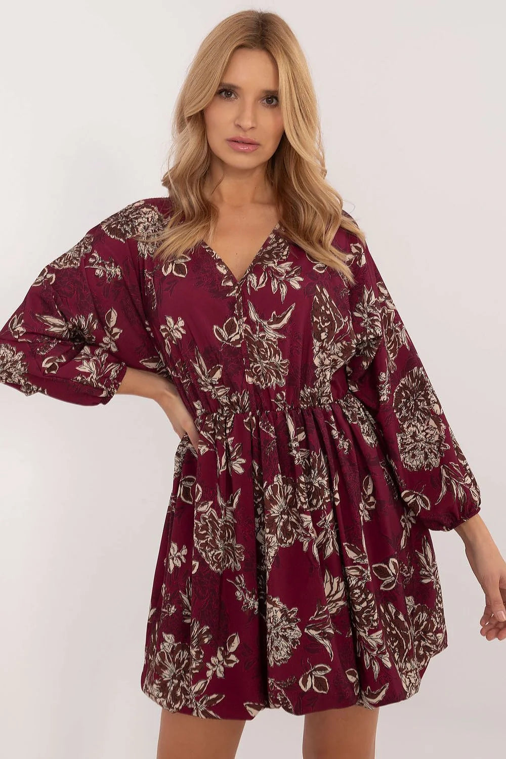 Robe féminine Italy Moda Floral Bordeau Polyester Viscose Manches longues évasées ceinture élastiquée occasion多种