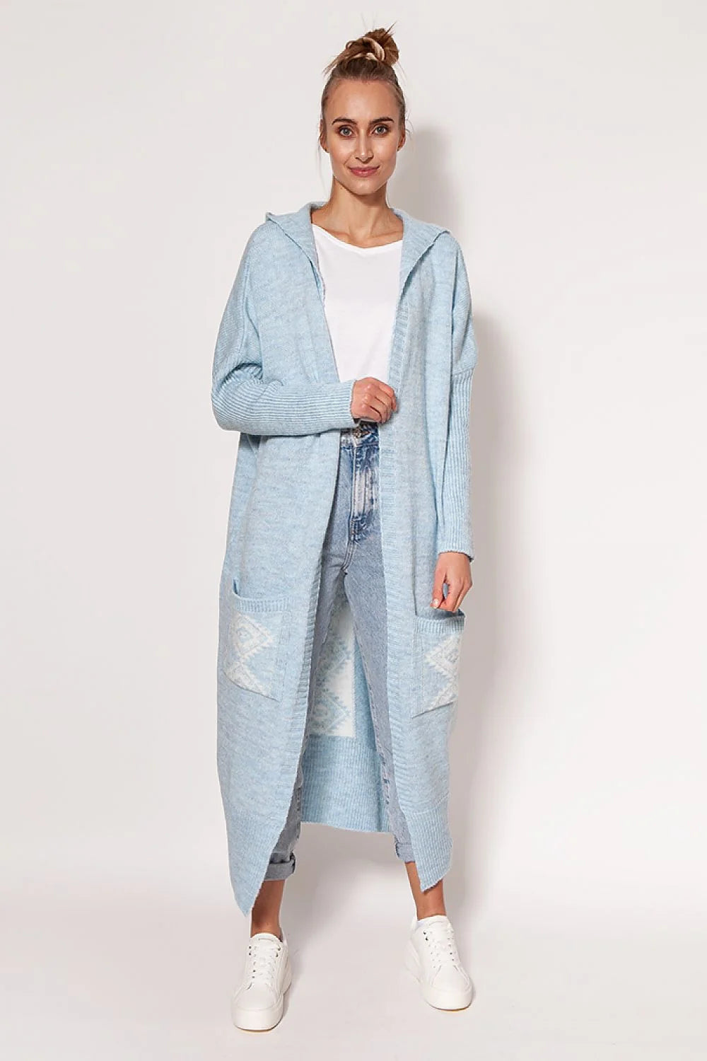Cardigan pour femme en acrylique et laine, style décontracté, capuche et poches, longueur totale 120 cm