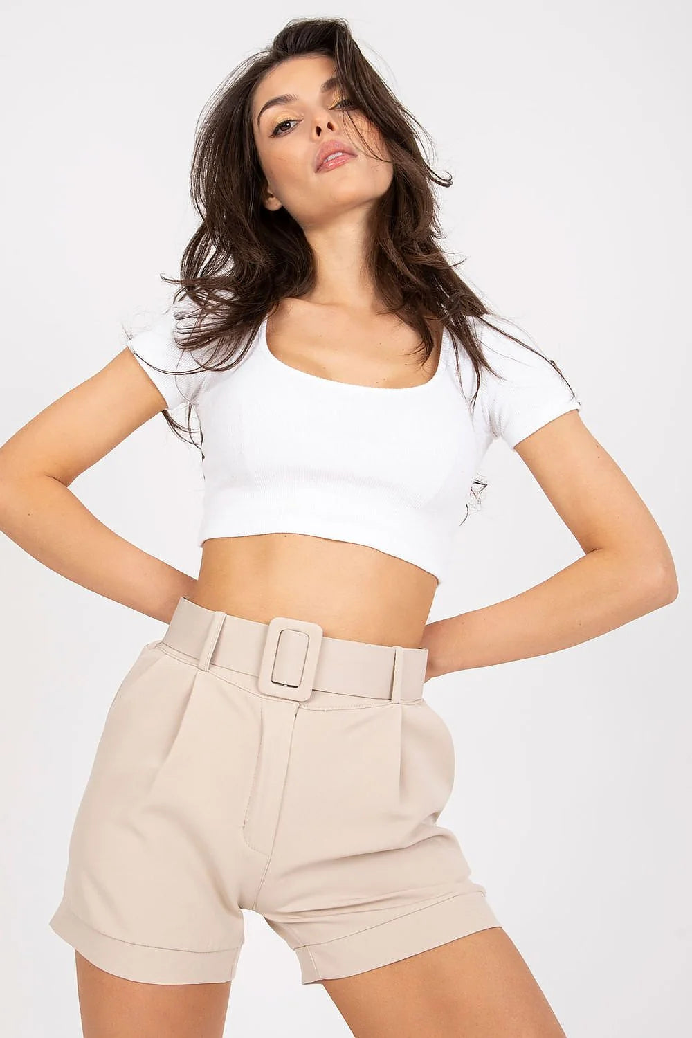 Shorts à taille haute femme mode citron vert fermeture glissière poches côtés ceinture assortie polyester élasthanne