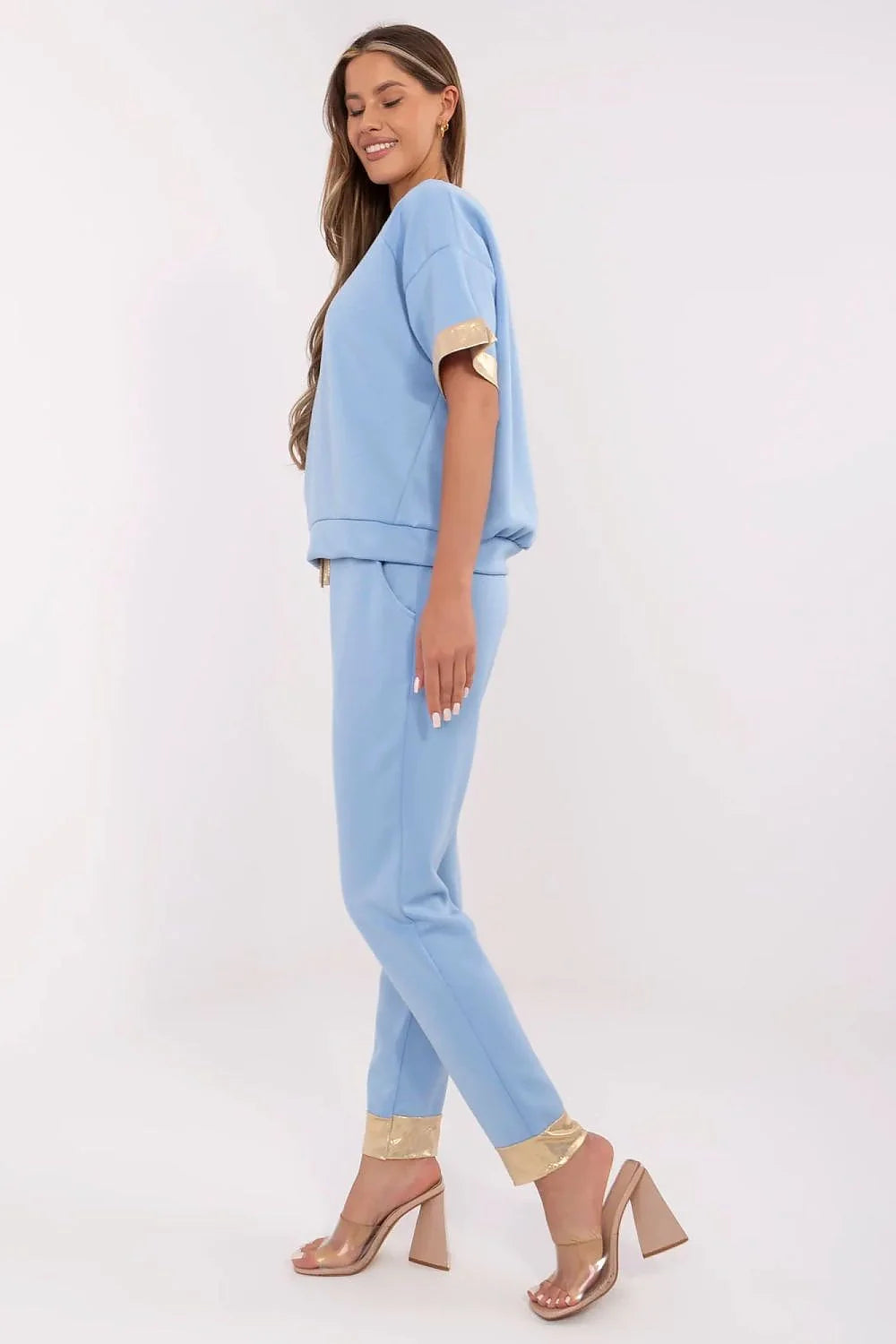 Ensemble femme élégant Italy Moda viscose coton élasthanne bleu ciel doré manches courtes taille haute pantalon ajustable