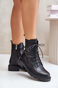 Bottines pour femmes classiques en cuir naturel style militaire lacets fermeture éclair mi-mollet noir élégant confortable
