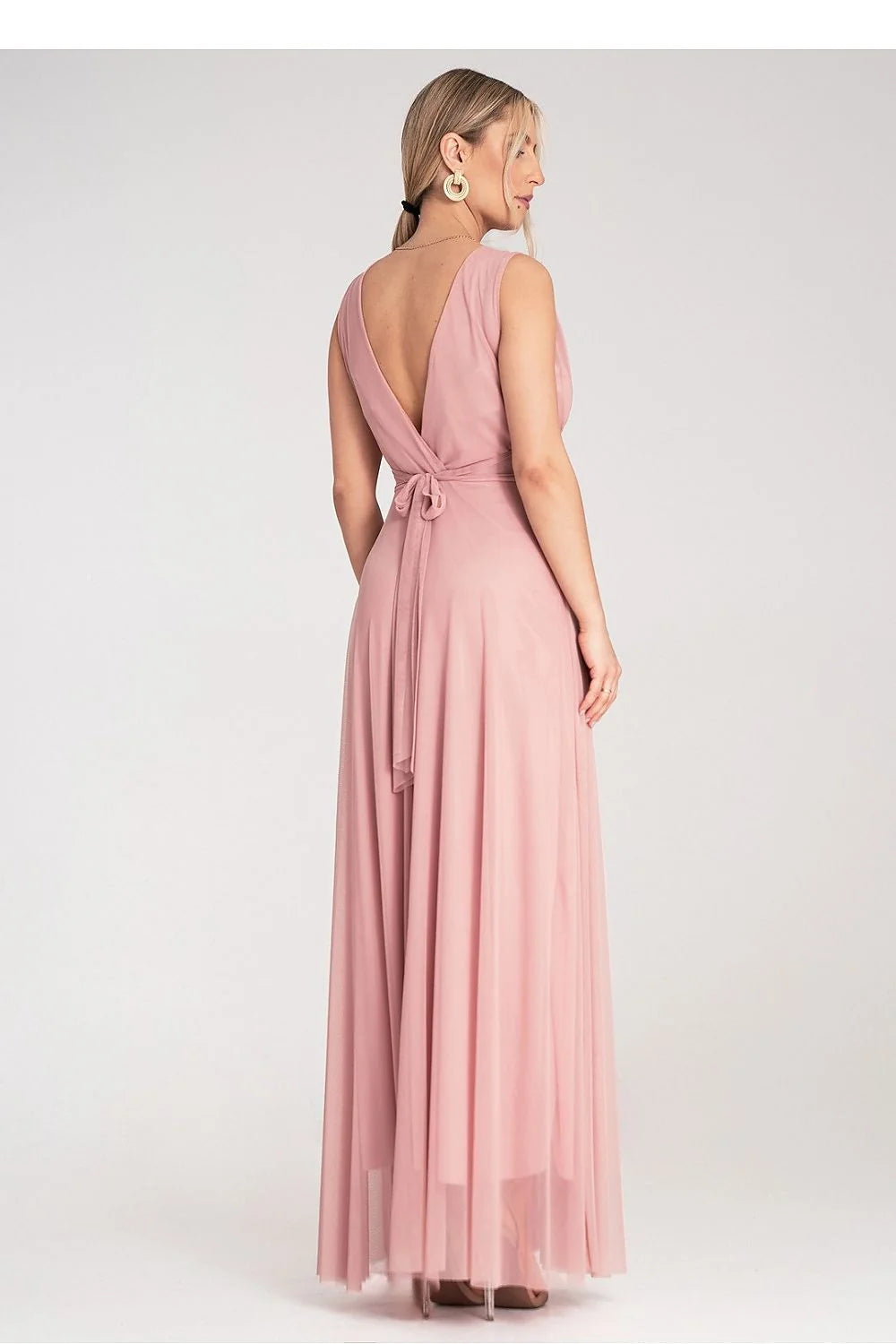 Robe de cocktail élégante sans manches en V dos nu couleur rose poudré tissu mousseline Empire ajustée taille longueur maximale femme