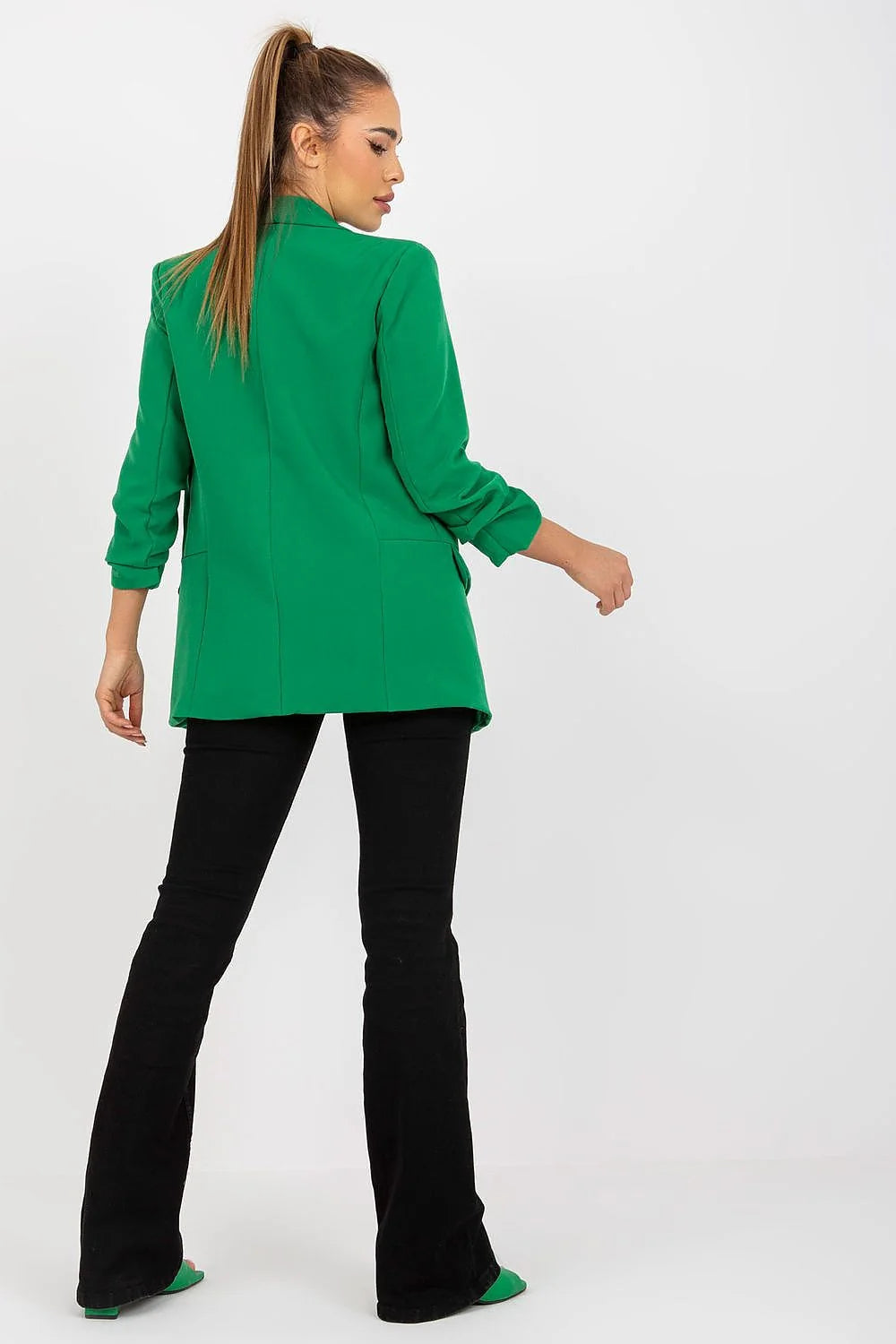 Blazer femme crêpe fluide élégant marron cognac ajusté manches retroussées col châle poches rabat