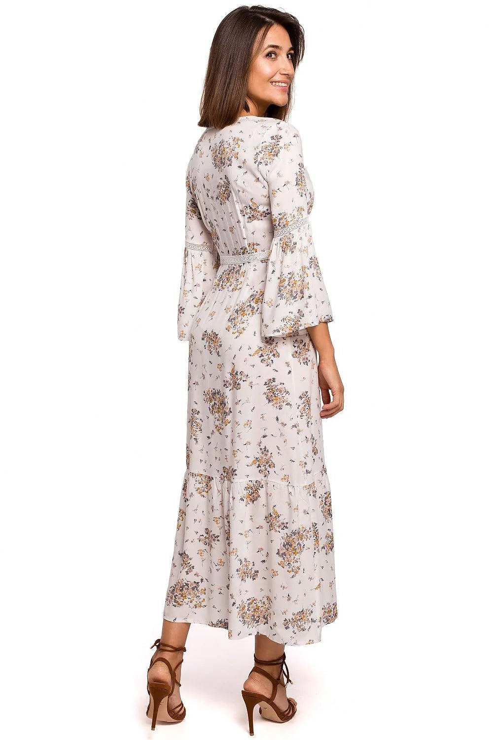 Robe bohème romantique manches longues dentelle fleurs bleu marine femme taille ajustable polyester viscose