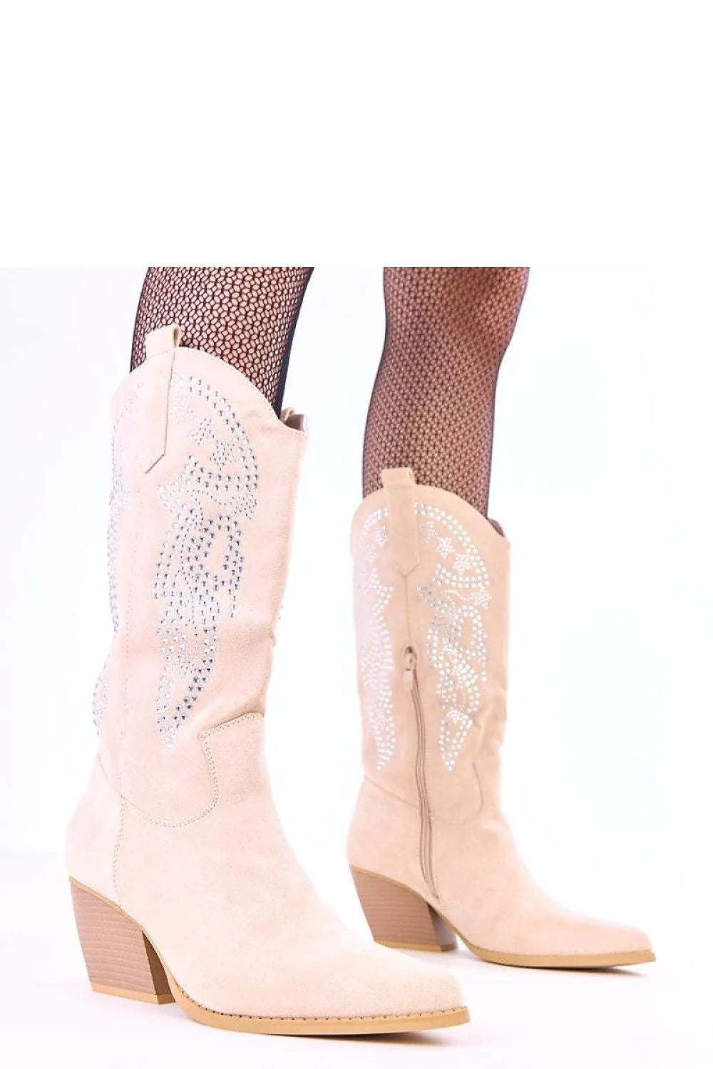 bottes cowboy cuir suédé écologique beige bout pointu talon bloc mi mollet strass fermeture semelle rembourrée