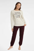 pyjama Henderson femme deux pièces coton doux crème bordeaux contrasté imprimé slogan lettres noires haut manches longues pantalon