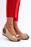 Sandales Cothurnes femme cuir synthétique beige peeptoe talon compensé 7cm plateau effet liège bride réglable noeud bouton doré