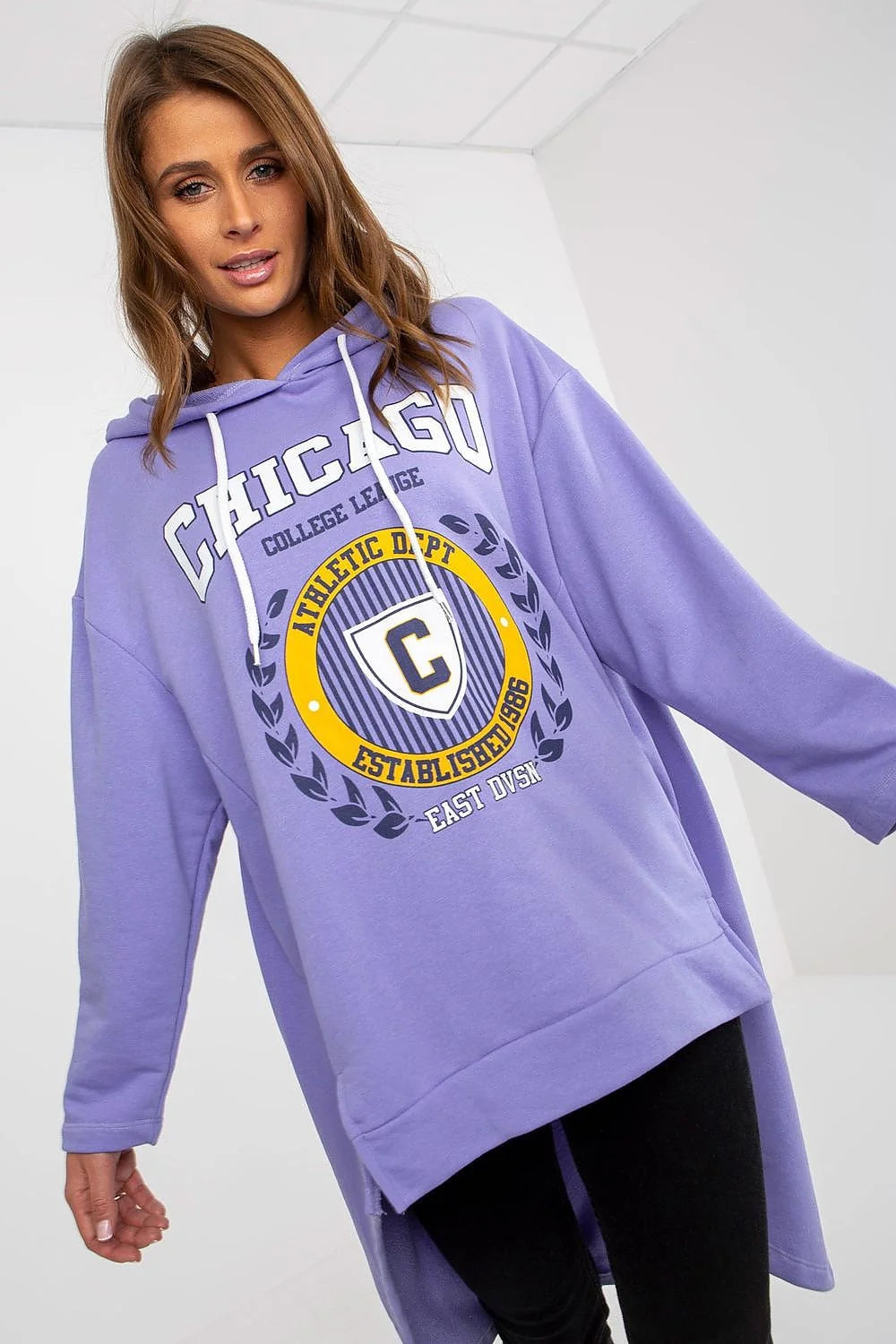 Sweatshirt Fancy femme oversize asymétrique capuche longues manches coton élasthanne parme lavande Chicago College League