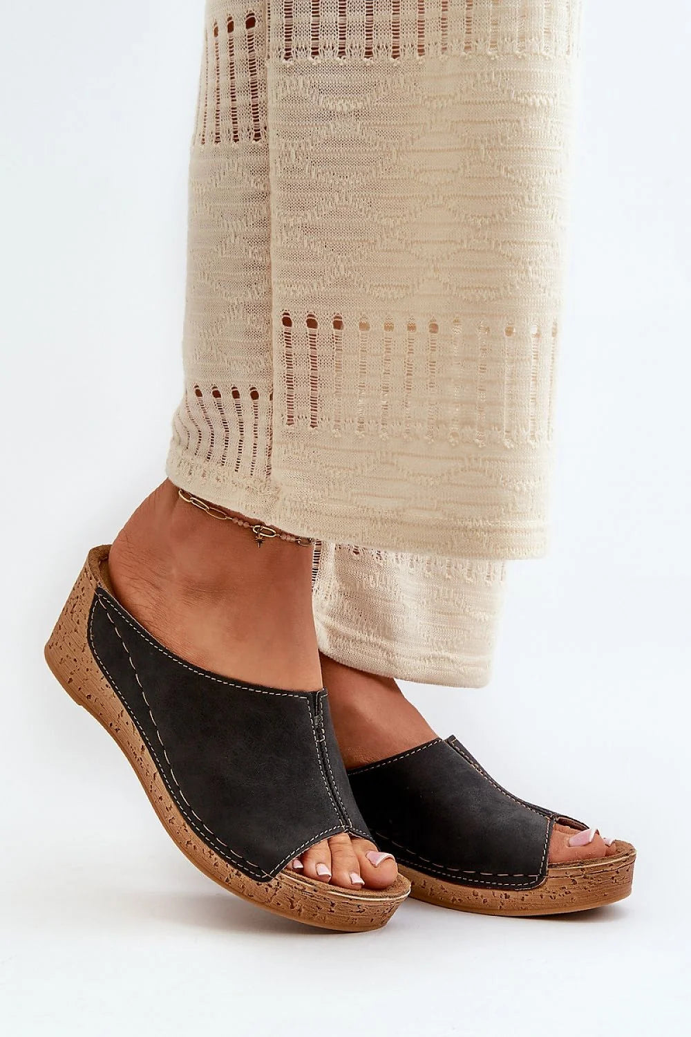 Mules compensées pour femmes en cuir noir semelle liège naturel style élégant et décontracté