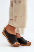 Mules compensées pour femmes en cuir noir semelle liège naturel style élégant et décontracté