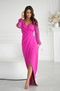robe longue fuchsia manches bouffantes tulle sequins décolleté V portefeuille drapé fente asymétrique cintrée ajustée stretch satinée glamour élégante