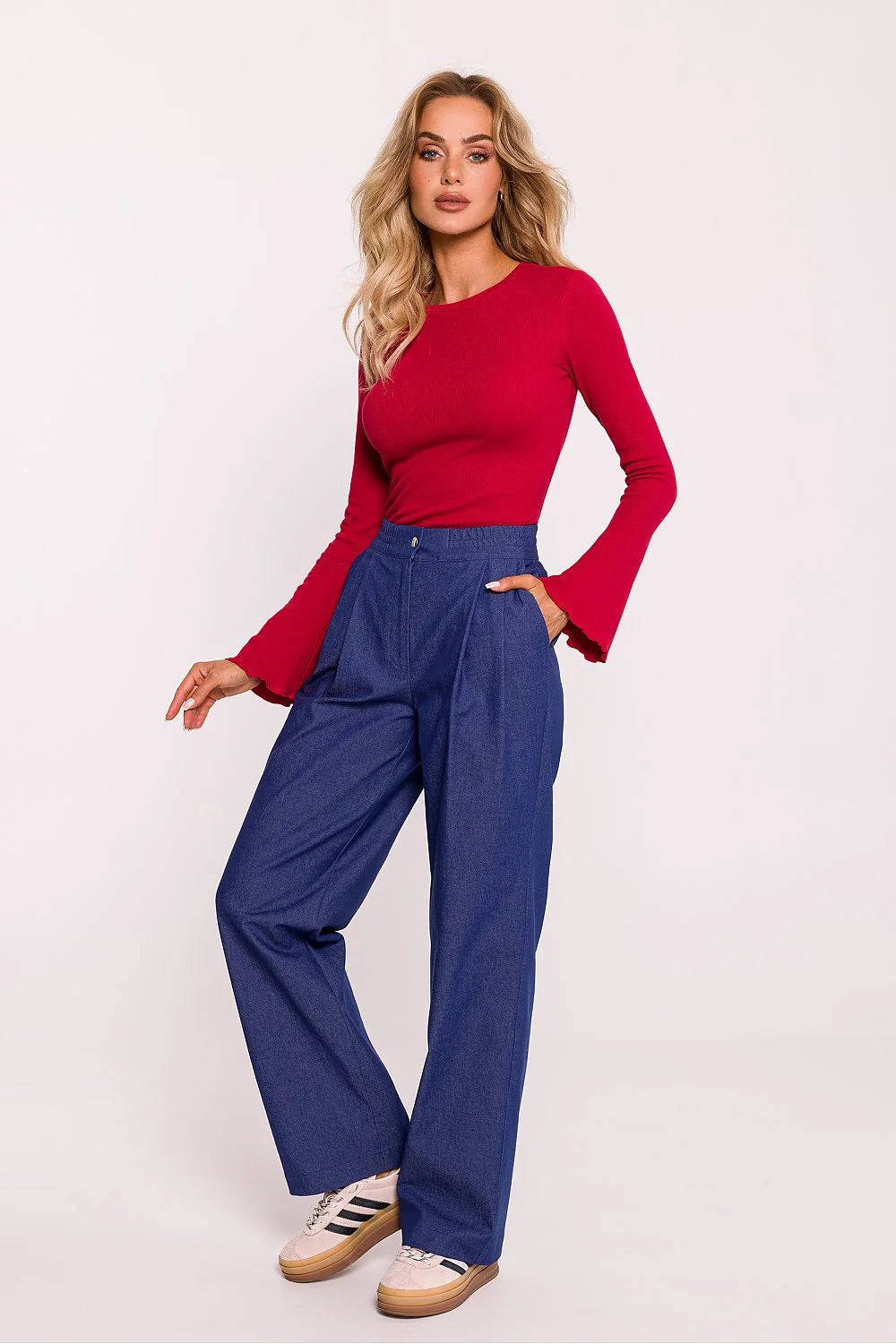 Pantalon long Moe robe ajustée style élégant haut manches longues couleur rouge pantalon large décontracté