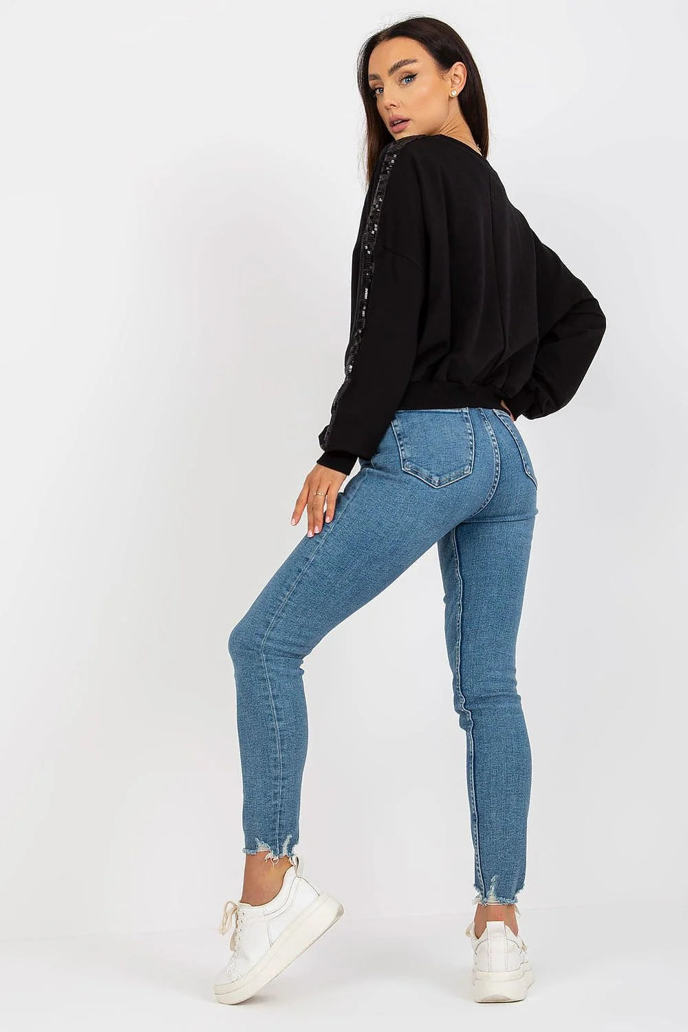 sweatshirt femme casual chic bleu marine manches longues col rond oversize bandes paillettes viscose élasthanne confort