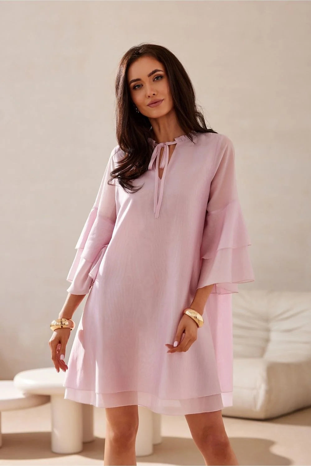 Robe de cocktail Roco Fashion en Lyocell rose pâle V-neck manches longues évasées ceinture ajustable pour femme