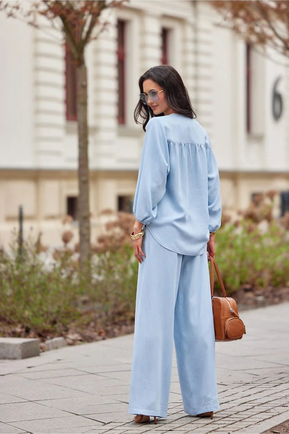 Pantalon femme Roco Fashion élégant moderne en Tencel bleu clair taille élastique jambes larges occasionnels casual semi-formel