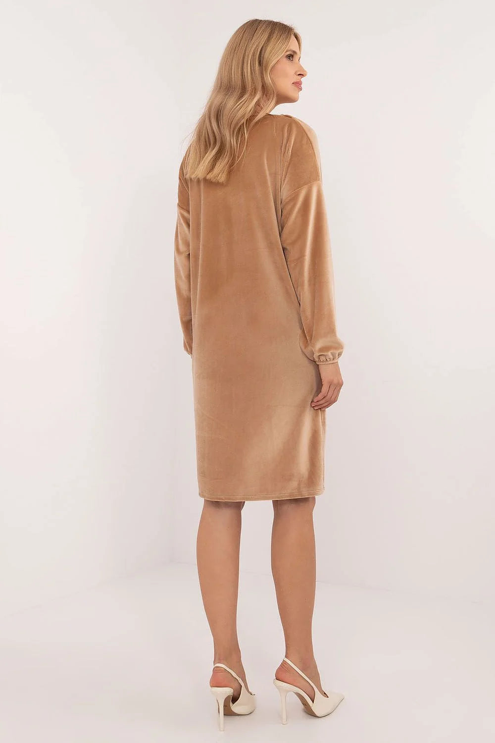 Robe de jour élégante en velours beige longues manches encolure en V noeud robe polyvalente pour femme