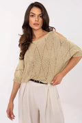 Pull ajouré en viscose femme élégant style moderne coupe asymétrique manches 3/4 motif chevrons beige doré
