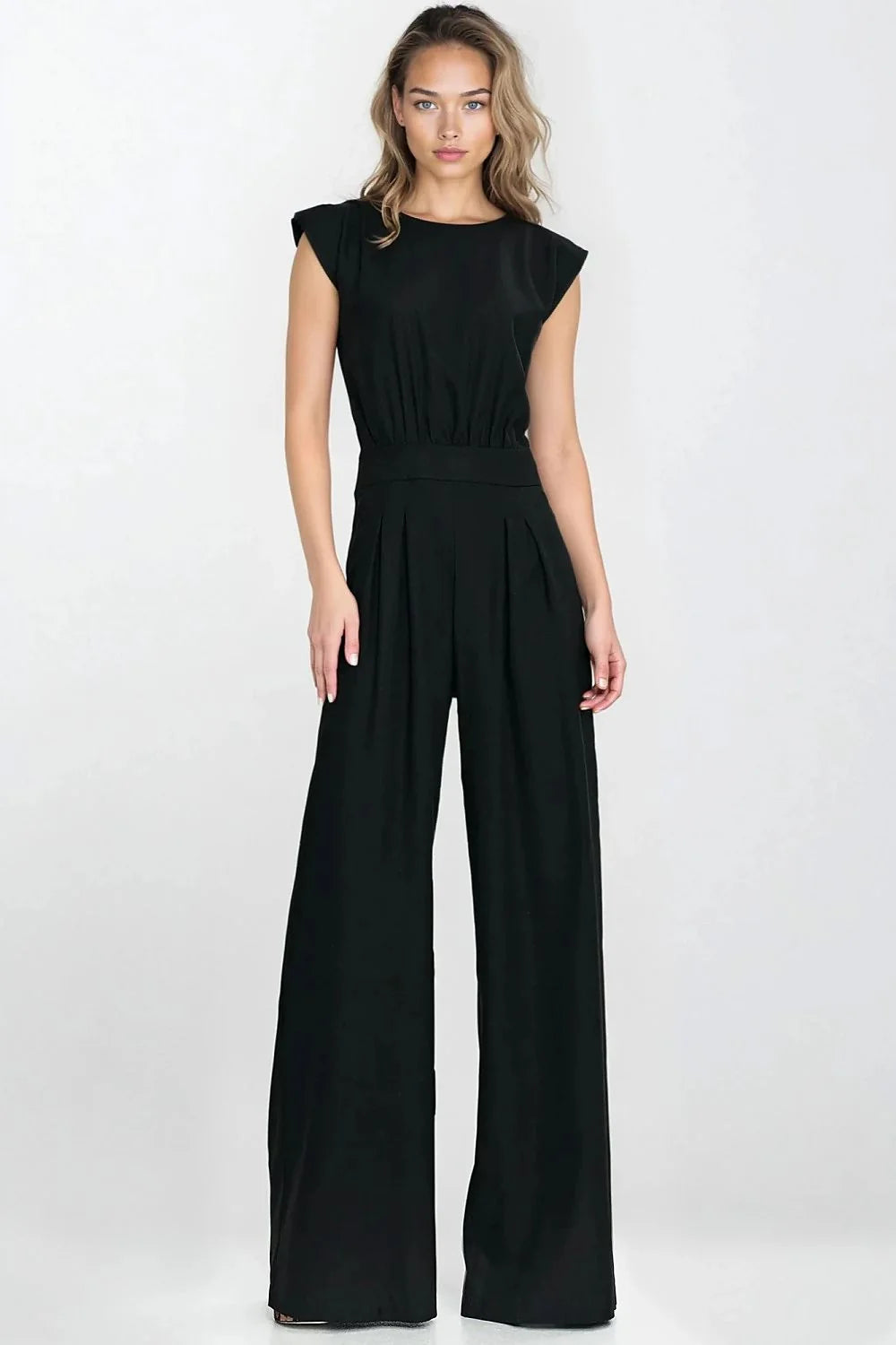 Combinaison élégante moderne pour femmes en noir coupe ample manches courtes encolure ras-du-cou ceinture intégrée jambes évasées